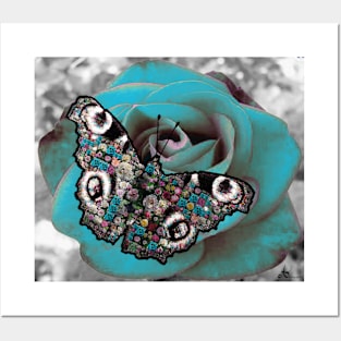 Mosaic Butterfly on Blue Rose Posters and Art